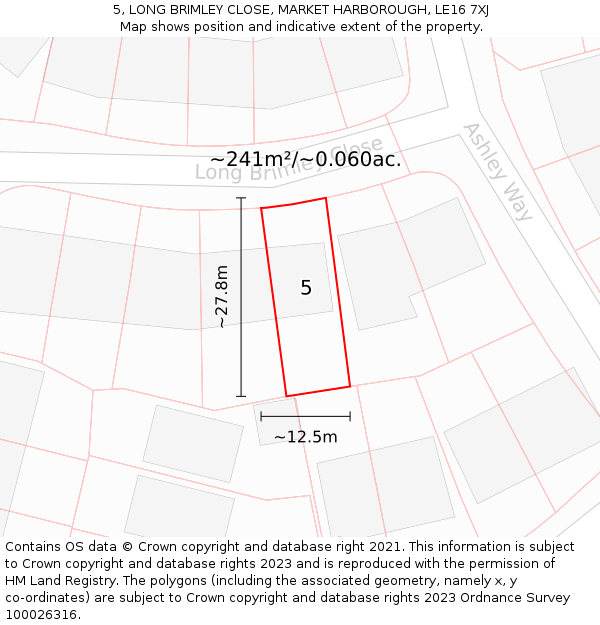 5, LONG BRIMLEY CLOSE, MARKET HARBOROUGH, LE16 7XJ: Plot and title map