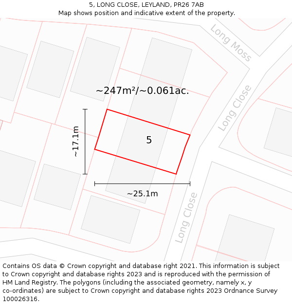 5, LONG CLOSE, LEYLAND, PR26 7AB: Plot and title map