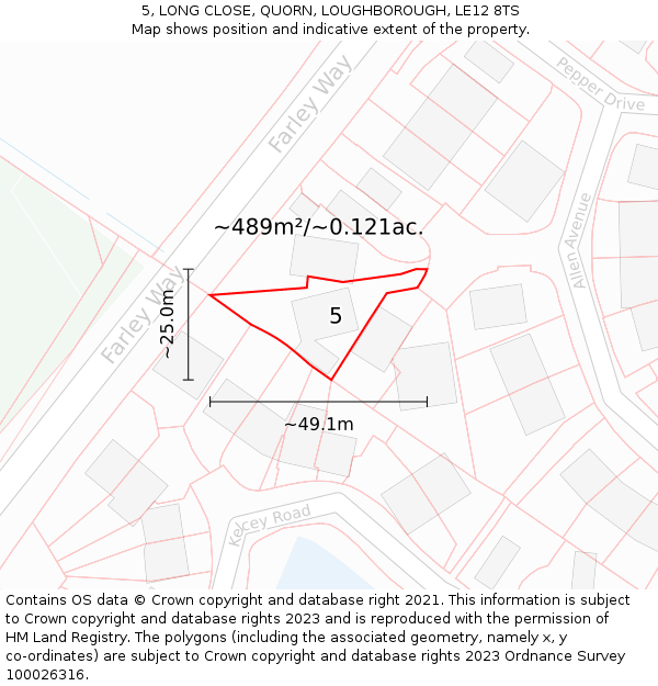5, LONG CLOSE, QUORN, LOUGHBOROUGH, LE12 8TS: Plot and title map