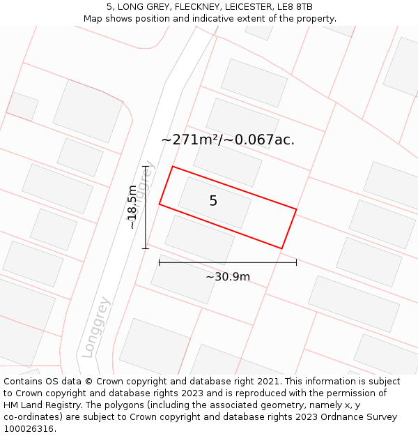 5, LONG GREY, FLECKNEY, LEICESTER, LE8 8TB: Plot and title map