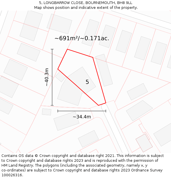 5, LONGBARROW CLOSE, BOURNEMOUTH, BH8 9LL: Plot and title map