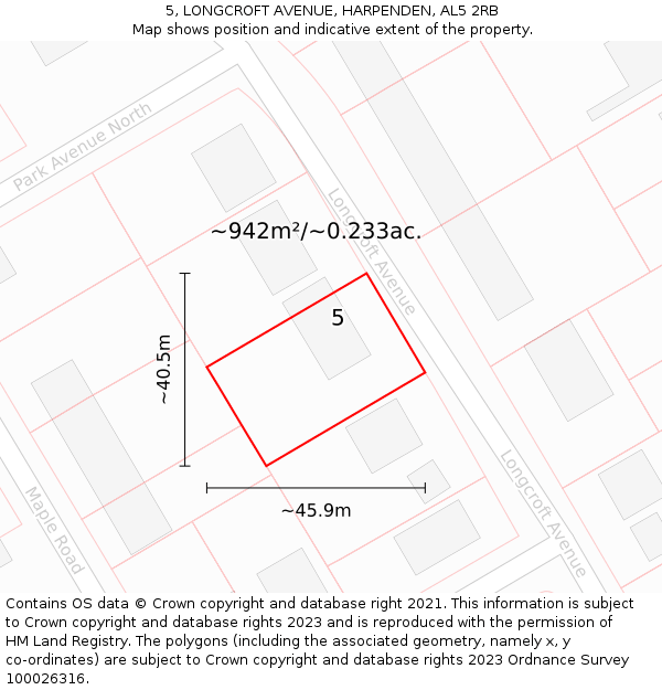 5, LONGCROFT AVENUE, HARPENDEN, AL5 2RB: Plot and title map