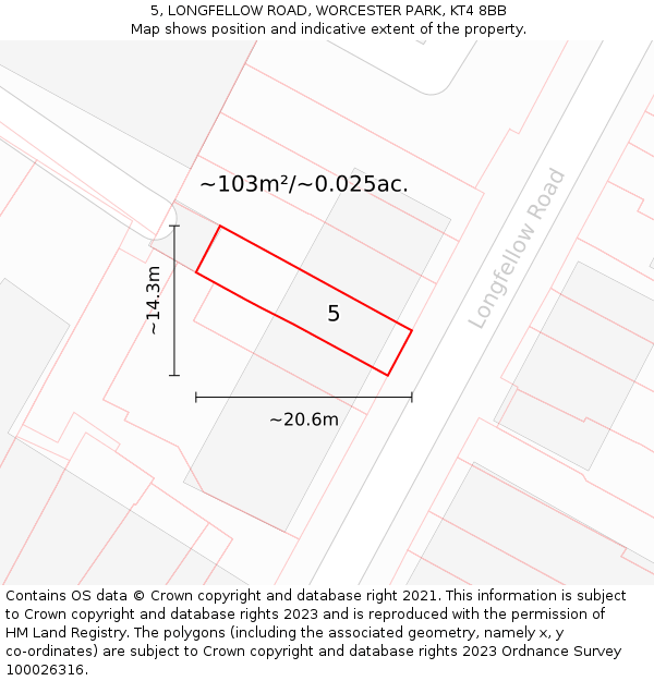 5, LONGFELLOW ROAD, WORCESTER PARK, KT4 8BB: Plot and title map