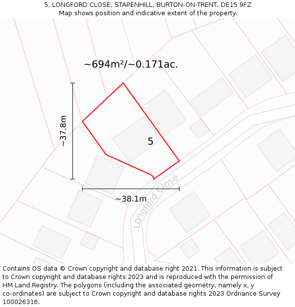 5, LONGFORD CLOSE, STAPENHILL, BURTON-ON-TRENT, DE15 9FZ: Plot and title map