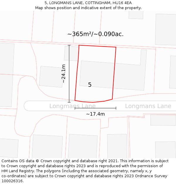 5, LONGMANS LANE, COTTINGHAM, HU16 4EA: Plot and title map
