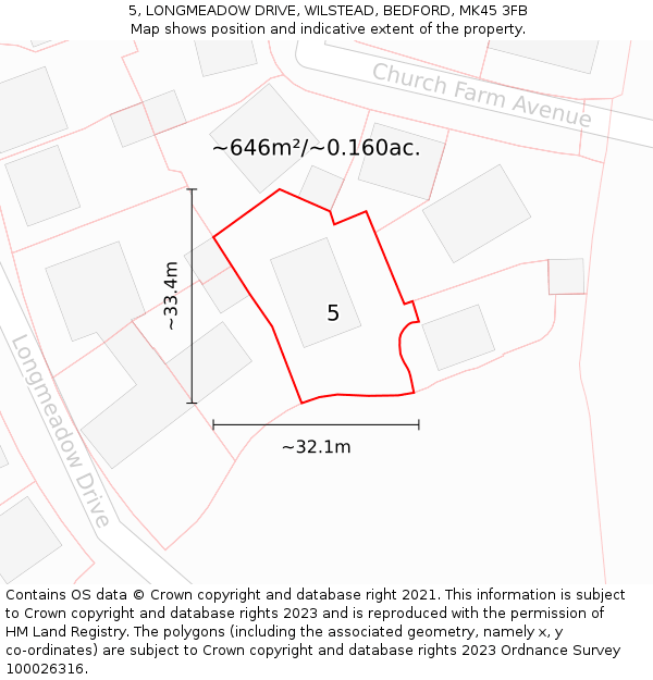 5, LONGMEADOW DRIVE, WILSTEAD, BEDFORD, MK45 3FB: Plot and title map