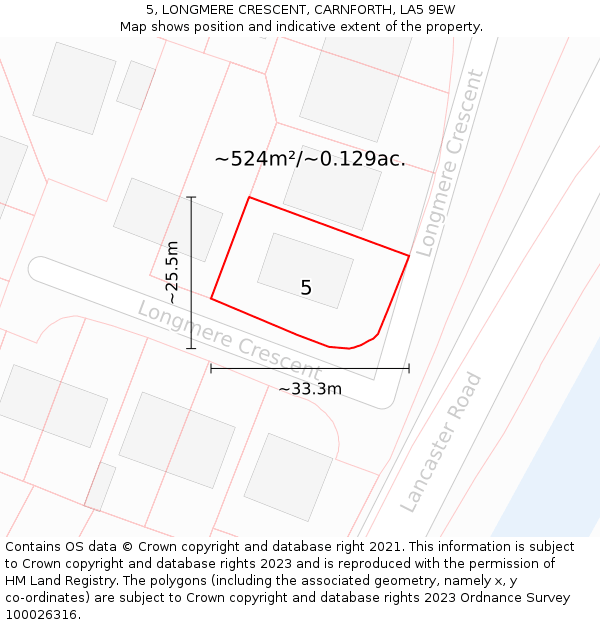 5, LONGMERE CRESCENT, CARNFORTH, LA5 9EW: Plot and title map