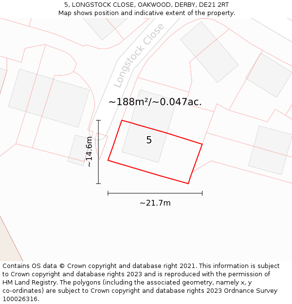 5, LONGSTOCK CLOSE, OAKWOOD, DERBY, DE21 2RT: Plot and title map