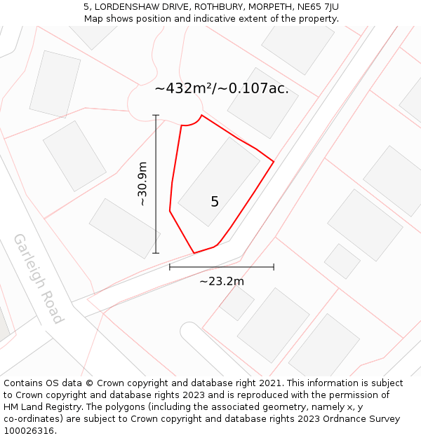 5, LORDENSHAW DRIVE, ROTHBURY, MORPETH, NE65 7JU: Plot and title map