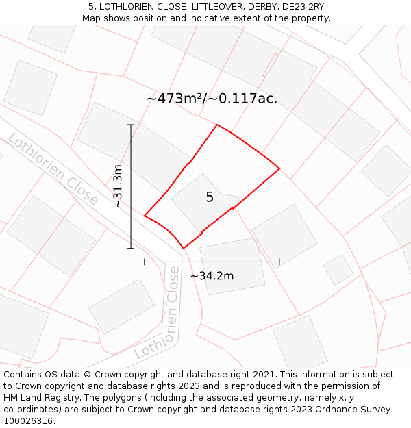 5, LOTHLORIEN CLOSE, LITTLEOVER, DERBY, DE23 2RY: Plot and title map