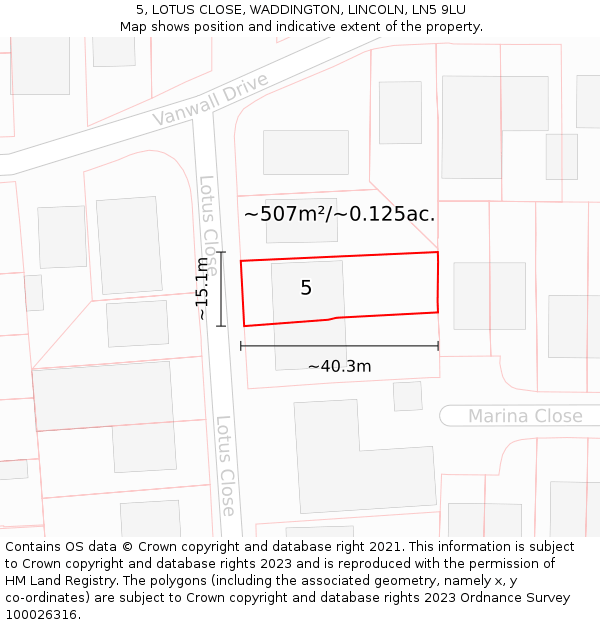 5, LOTUS CLOSE, WADDINGTON, LINCOLN, LN5 9LU: Plot and title map