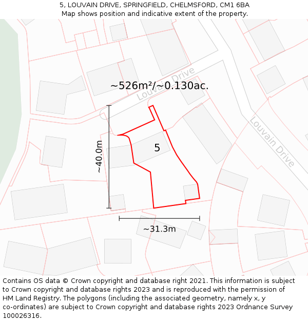 5, LOUVAIN DRIVE, SPRINGFIELD, CHELMSFORD, CM1 6BA: Plot and title map