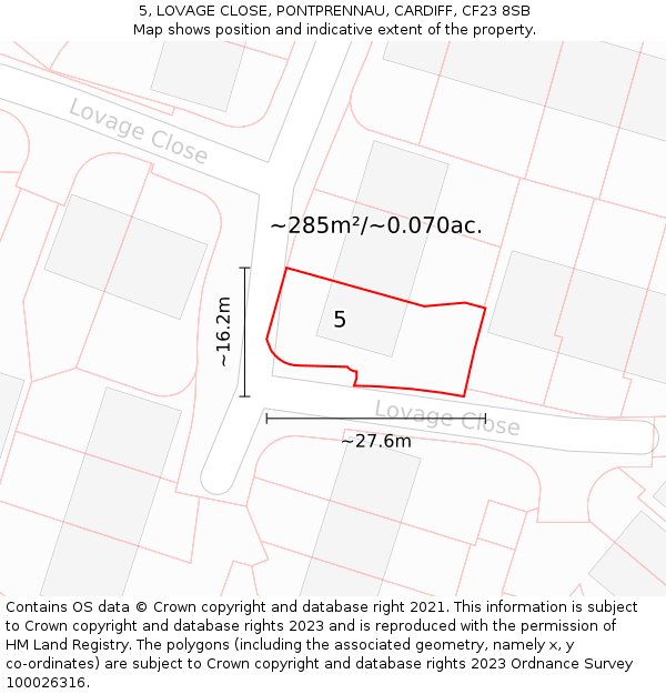5, LOVAGE CLOSE, PONTPRENNAU, CARDIFF, CF23 8SB: Plot and title map