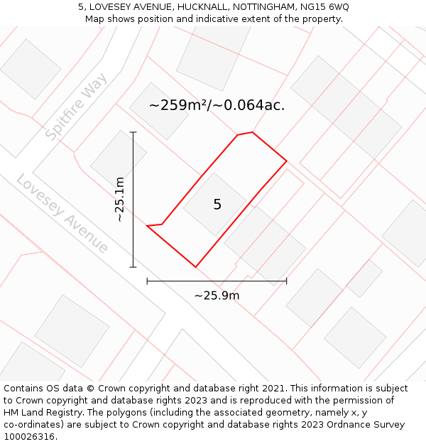 5, LOVESEY AVENUE, HUCKNALL, NOTTINGHAM, NG15 6WQ: Plot and title map