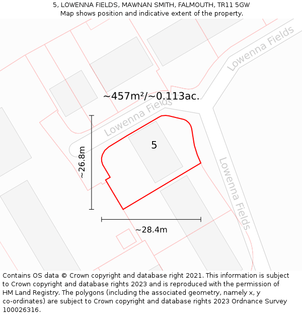 5, LOWENNA FIELDS, MAWNAN SMITH, FALMOUTH, TR11 5GW: Plot and title map