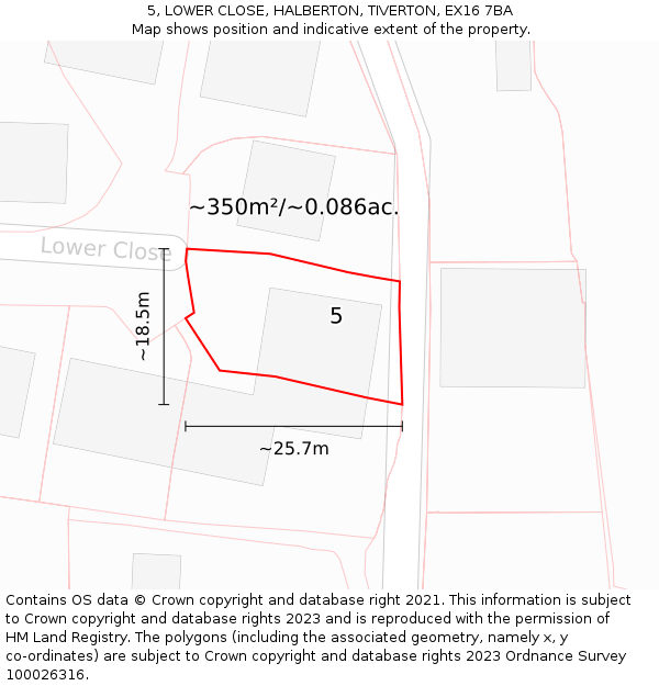 5, LOWER CLOSE, HALBERTON, TIVERTON, EX16 7BA: Plot and title map