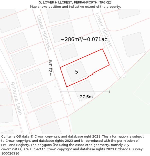 5, LOWER HILLCREST, PERRANPORTH, TR6 0JZ: Plot and title map