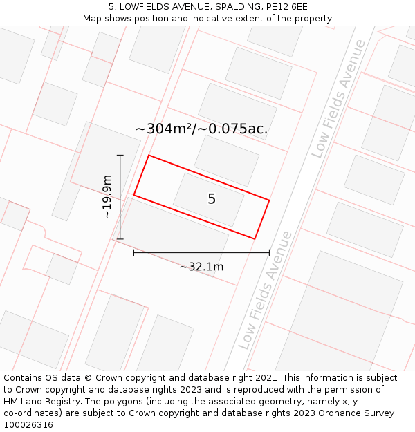 5, LOWFIELDS AVENUE, SPALDING, PE12 6EE: Plot and title map