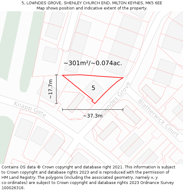 5, LOWNDES GROVE, SHENLEY CHURCH END, MILTON KEYNES, MK5 6EE: Plot and title map