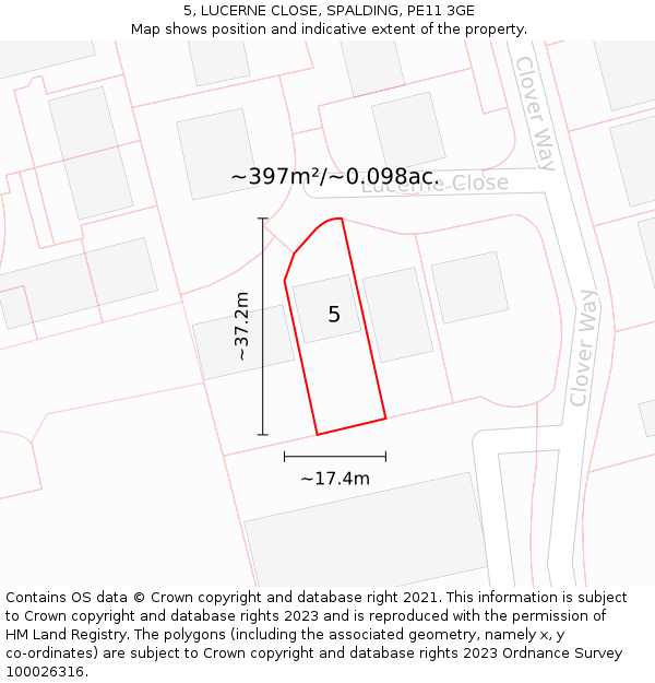 5, LUCERNE CLOSE, SPALDING, PE11 3GE: Plot and title map