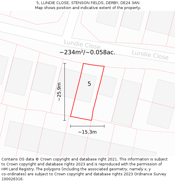 5, LUNDIE CLOSE, STENSON FIELDS, DERBY, DE24 3AN: Plot and title map