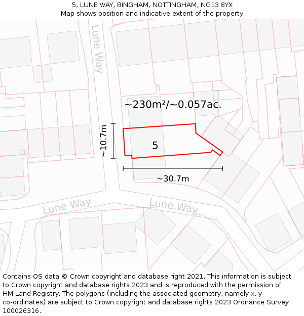 5, LUNE WAY, BINGHAM, NOTTINGHAM, NG13 8YX: Plot and title map