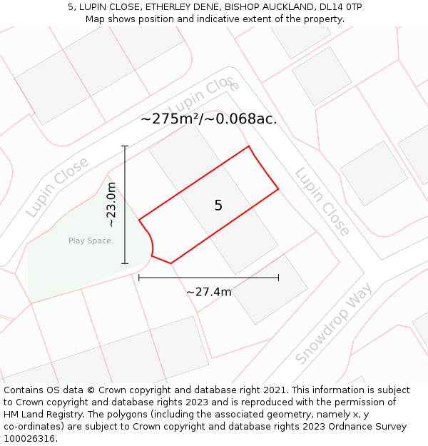 5, LUPIN CLOSE, ETHERLEY DENE, BISHOP AUCKLAND, DL14 0TP: Plot and title map