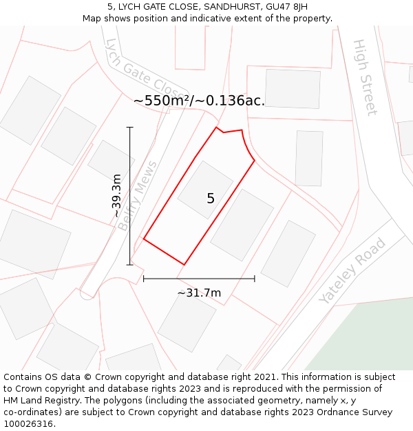 5, LYCH GATE CLOSE, SANDHURST, GU47 8JH: Plot and title map