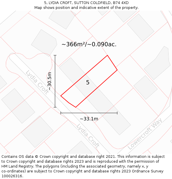 5, LYDIA CROFT, SUTTON COLDFIELD, B74 4XD: Plot and title map