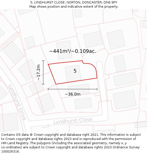 5, LYNDHURST CLOSE, NORTON, DONCASTER, DN6 9PY: Plot and title map