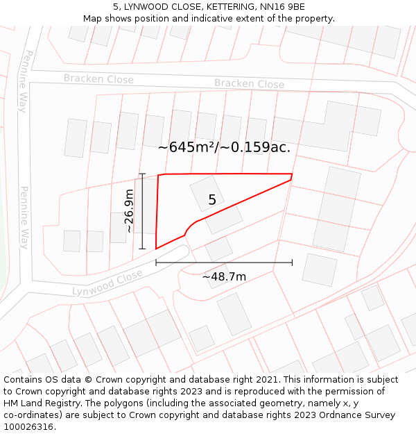 5, LYNWOOD CLOSE, KETTERING, NN16 9BE: Plot and title map