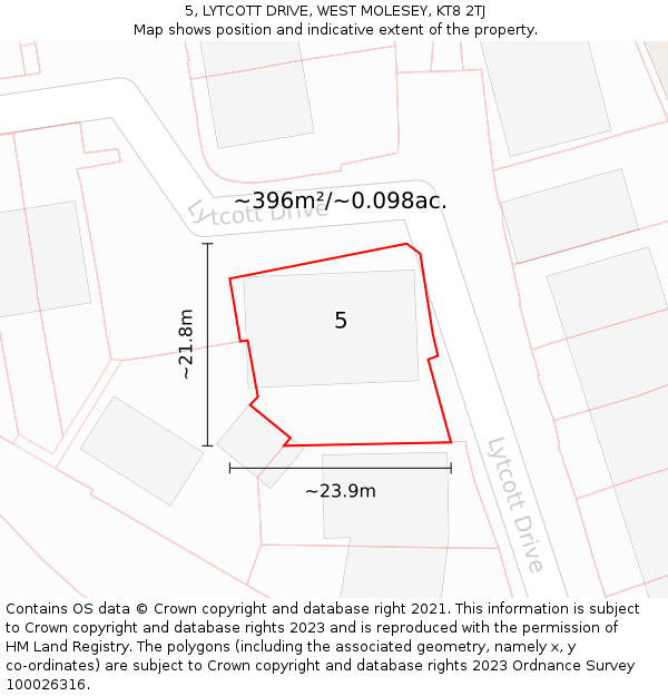 5, LYTCOTT DRIVE, WEST MOLESEY, KT8 2TJ: Plot and title map