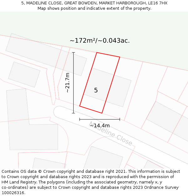 5, MADELINE CLOSE, GREAT BOWDEN, MARKET HARBOROUGH, LE16 7HX: Plot and title map
