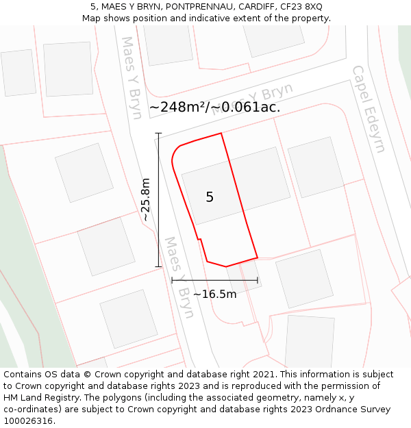 5, MAES Y BRYN, PONTPRENNAU, CARDIFF, CF23 8XQ: Plot and title map
