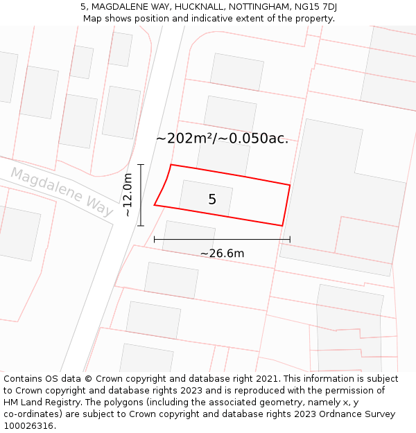 5, MAGDALENE WAY, HUCKNALL, NOTTINGHAM, NG15 7DJ: Plot and title map