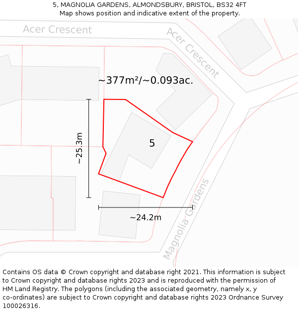 5, MAGNOLIA GARDENS, ALMONDSBURY, BRISTOL, BS32 4FT: Plot and title map