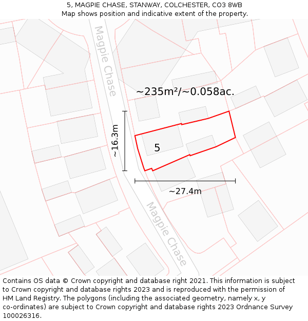 5, MAGPIE CHASE, STANWAY, COLCHESTER, CO3 8WB: Plot and title map