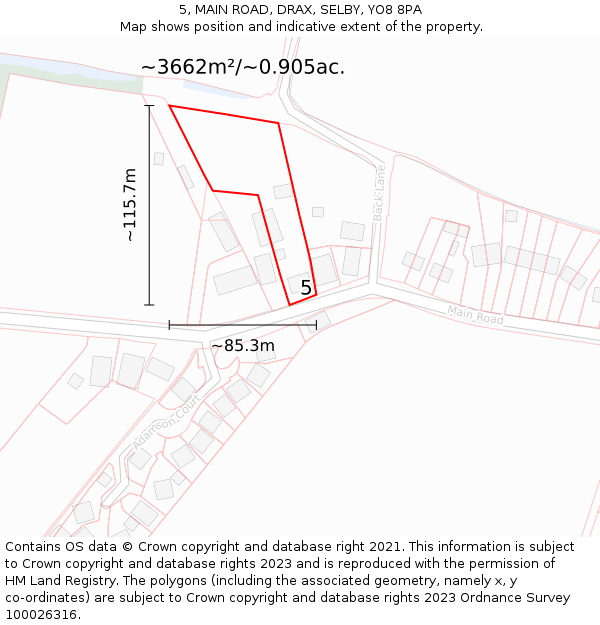 5, MAIN ROAD, DRAX, SELBY, YO8 8PA: Plot and title map