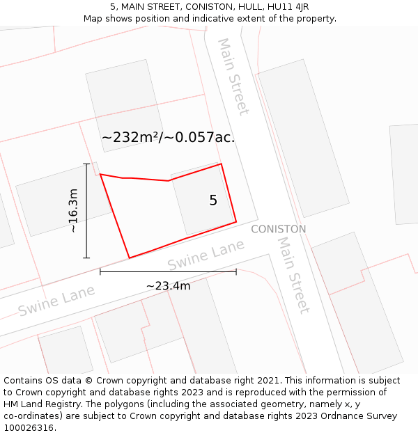 5, MAIN STREET, CONISTON, HULL, HU11 4JR: Plot and title map