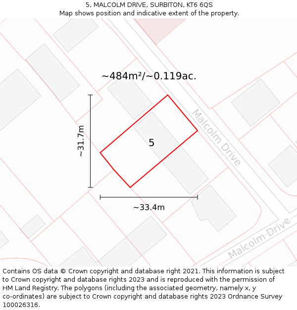 5, MALCOLM DRIVE, SURBITON, KT6 6QS: Plot and title map