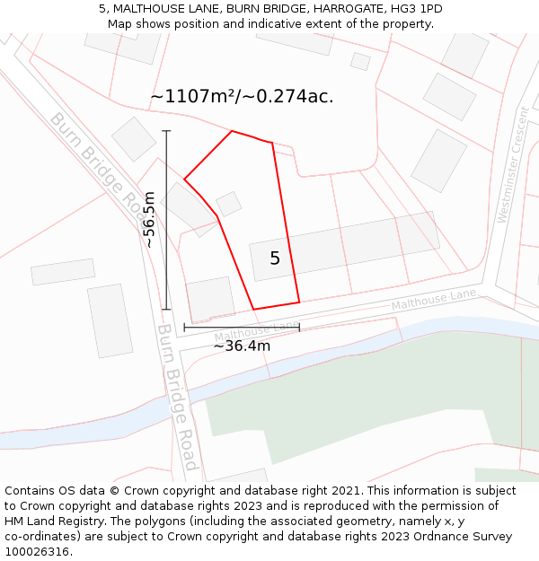 5, MALTHOUSE LANE, BURN BRIDGE, HARROGATE, HG3 1PD: Plot and title map
