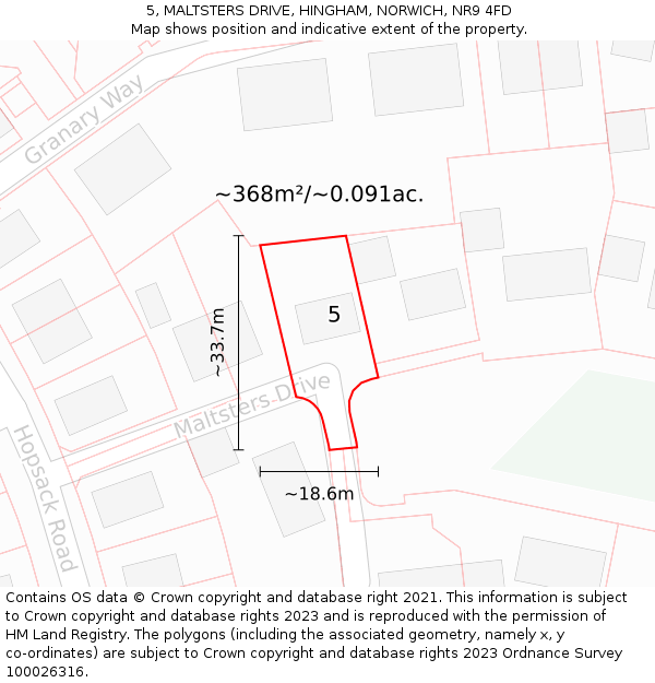 5, MALTSTERS DRIVE, HINGHAM, NORWICH, NR9 4FD: Plot and title map