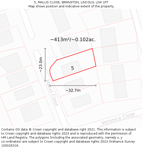5, MALUS CLOSE, BRANSTON, LINCOLN, LN4 1PT: Plot and title map