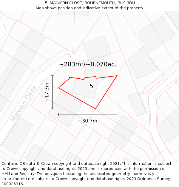 5, MALVERN CLOSE, BOURNEMOUTH, BH9 3BN: Plot and title map