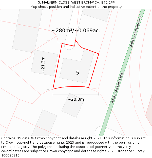 5, MALVERN CLOSE, WEST BROMWICH, B71 1PP: Plot and title map