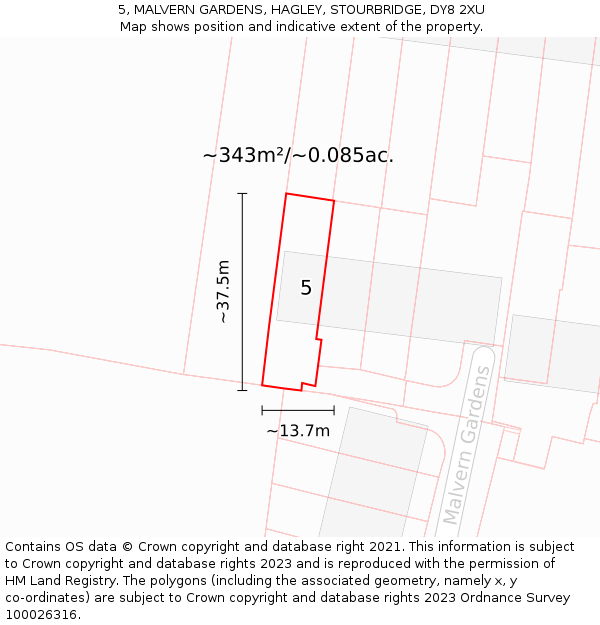 5, MALVERN GARDENS, HAGLEY, STOURBRIDGE, DY8 2XU: Plot and title map