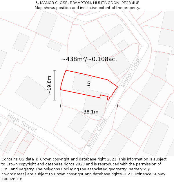 5, MANOR CLOSE, BRAMPTON, HUNTINGDON, PE28 4UF: Plot and title map