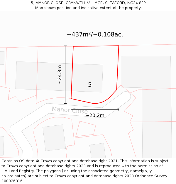 5, MANOR CLOSE, CRANWELL VILLAGE, SLEAFORD, NG34 8FP: Plot and title map
