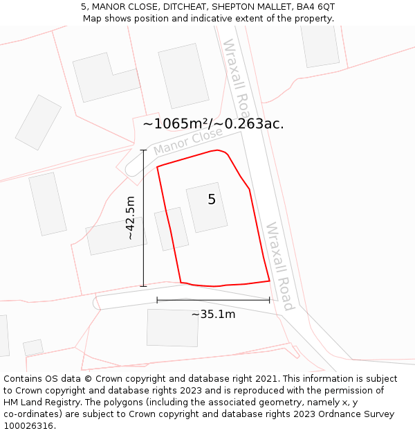 5, MANOR CLOSE, DITCHEAT, SHEPTON MALLET, BA4 6QT: Plot and title map
