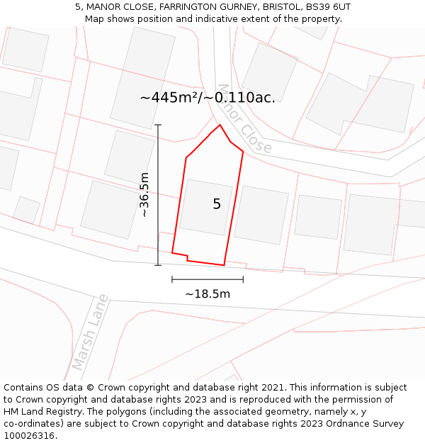 5, MANOR CLOSE, FARRINGTON GURNEY, BRISTOL, BS39 6UT: Plot and title map